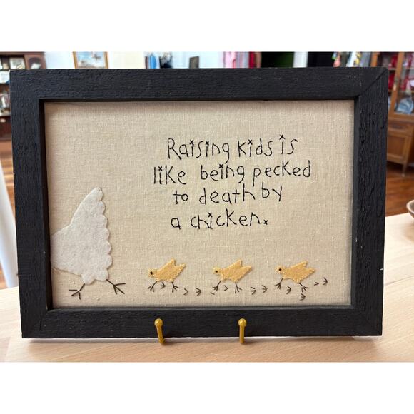 “Raising Kids” Chicken Embroidery – Framed Folk Art Quote with Felt Appliqué - Picture 1 of 6